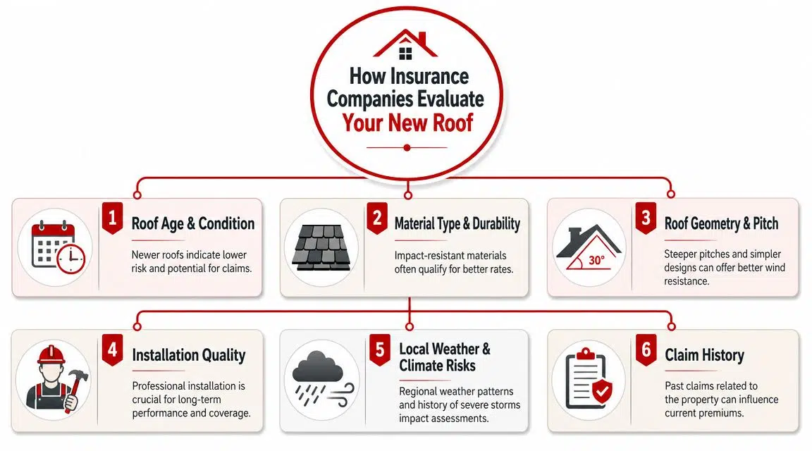 Will Getting a New Roof Lower Your Insurance? A 2026 Guide 1 An infographic detailing six key factors insurance companies consider when evaluating a new roof for coverage.