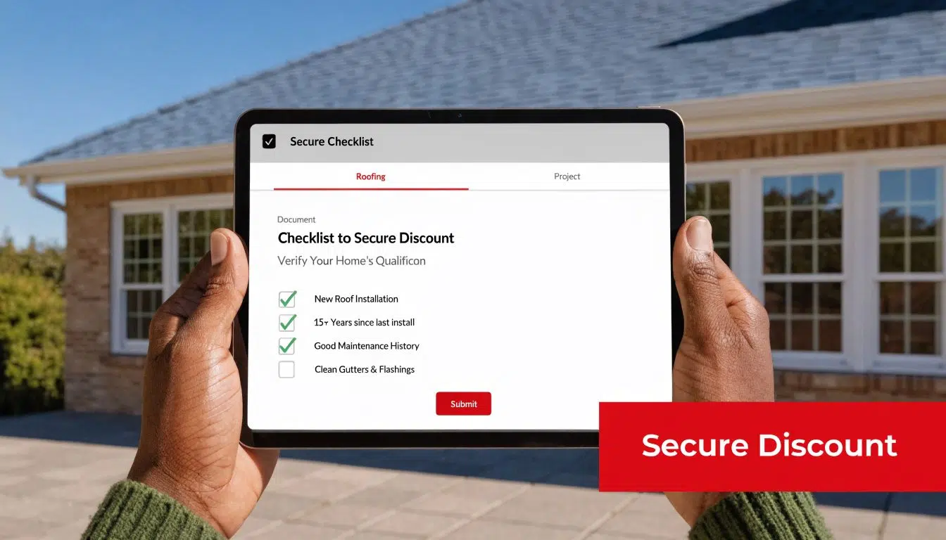 Will Getting a New Roof Lower Your Insurance? A 2026 Guide 3 A person holding a digital tablet displaying a roofing checklist to secure a homeowner's insurance discount.
