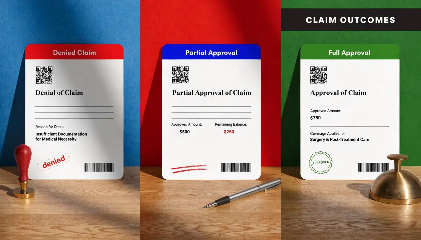 Will Insurance Cover a 15 Year Old Roof in Chicago 4 Visual infographic displaying three insurance claim status cards labeled Denied, Partial Approval, and Full Approval with details.