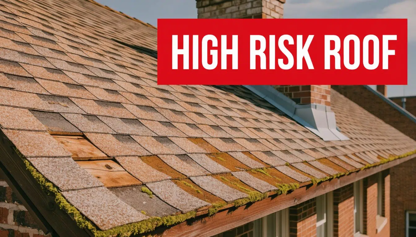 Will Insurance Cover a 15 Year Old Roof in Chicago 1 A damaged residential roof with missing shingles and moss growth on a suburban brick home.